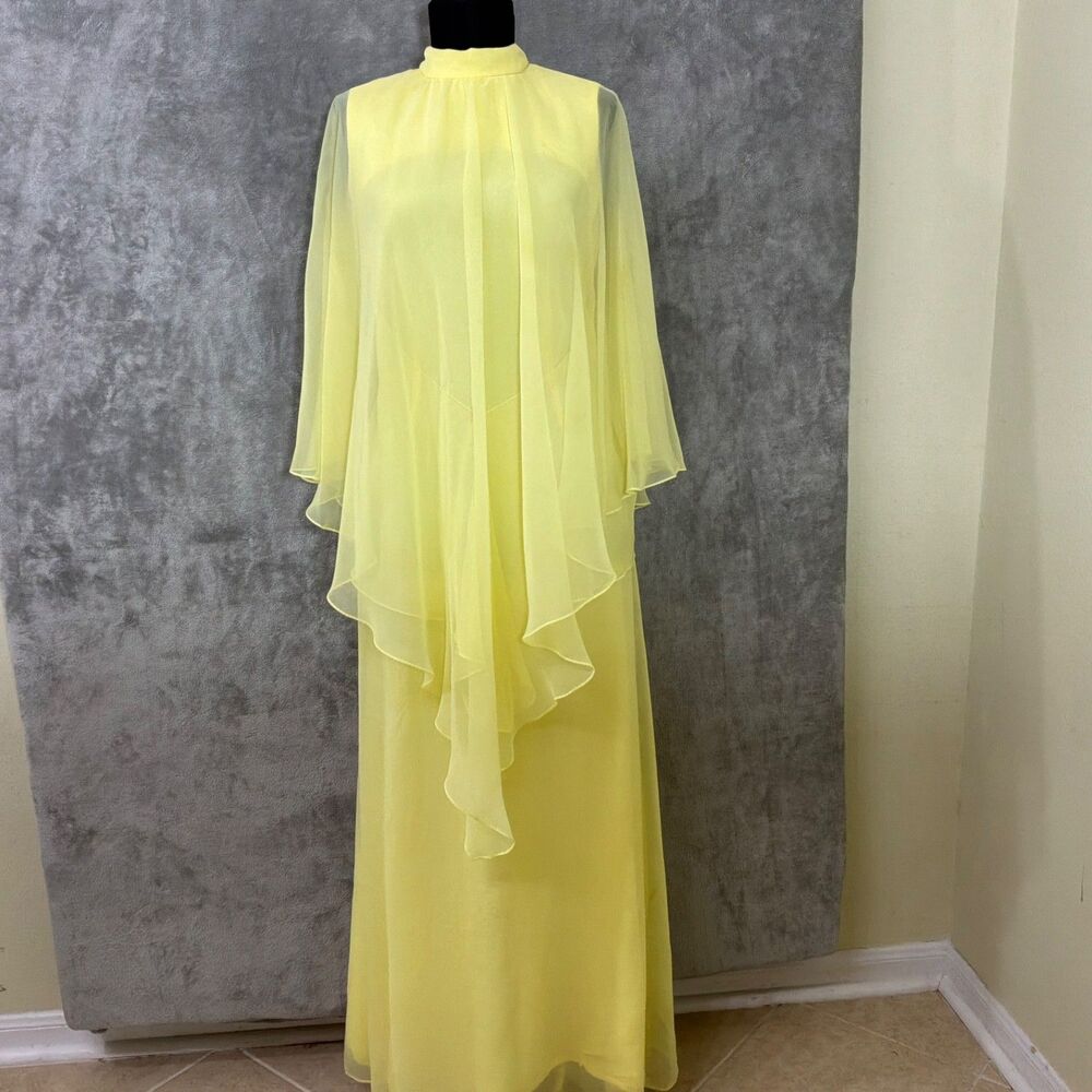 True VTG 60s 70s Miss Elliette Yellow Chiffon Maxi Dress Capelet Party Gown S/M